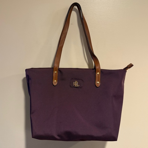 Ralph Lauren Handbags - Ralph Lauren Deep Purple Tote with Brown Leather Straps